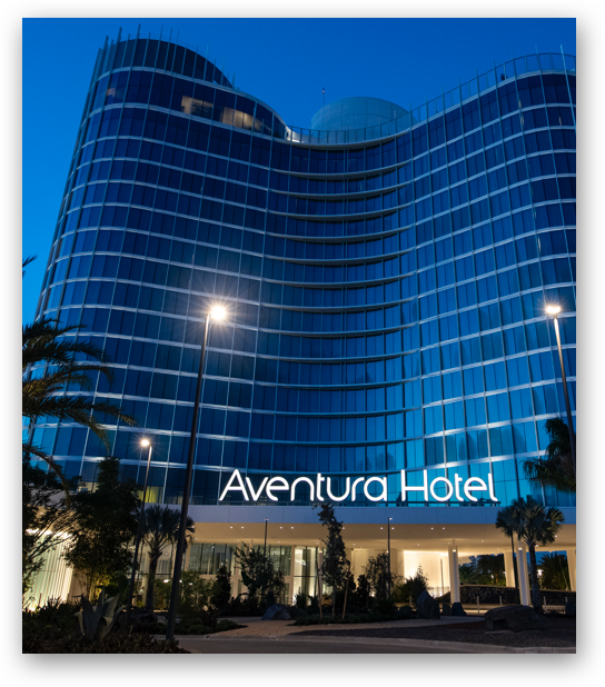 Exterior of Universal's Aventura Hotel at night