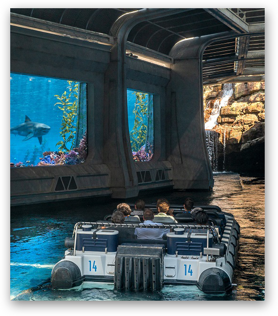 Exciting water feature at Jurassic World – The Ride at Universal Studios Hollywood