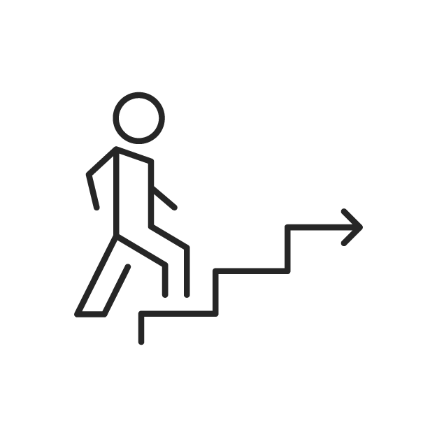 A person climbing stairs, with a right-pointing arrow visible in the image.