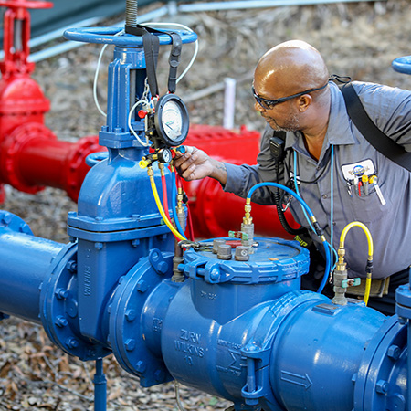 Team Member checking water pressure on valves